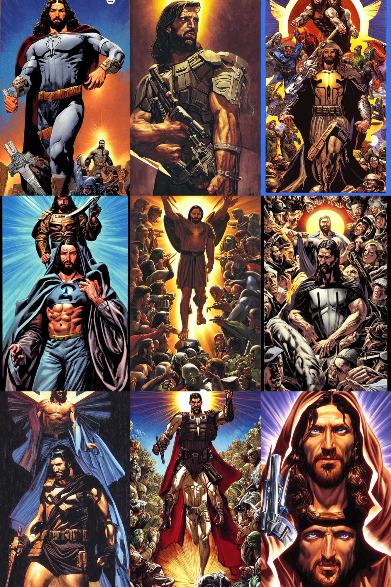 Prompt: Jesus as The Punisher in DC Comics by Greg Hildebrandt, halo above head