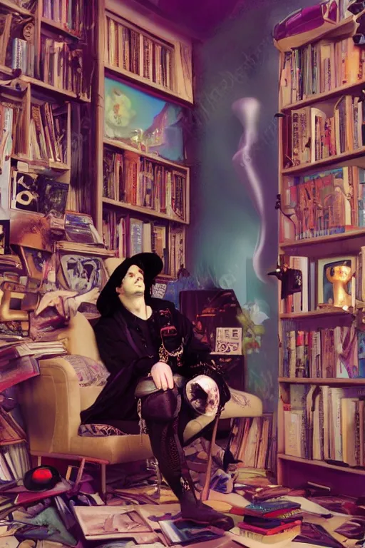 Prompt: goth guy sitting on the floor of a cluttered 9 0 s bedroom reading a book by rolf armstrong, vaporwave colors, lo - fi, 4 k, hd,