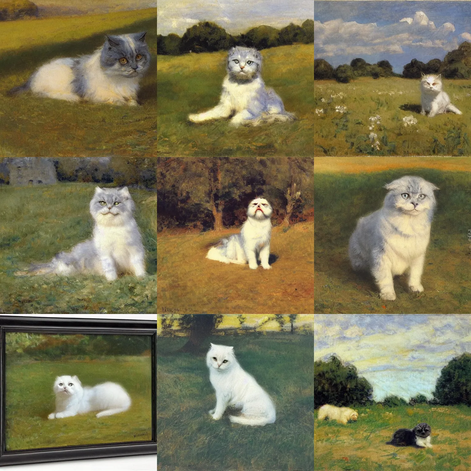 Prompt: a gray scottish fold sitting in the middle of sunny meadow, by henry ossawa tanner