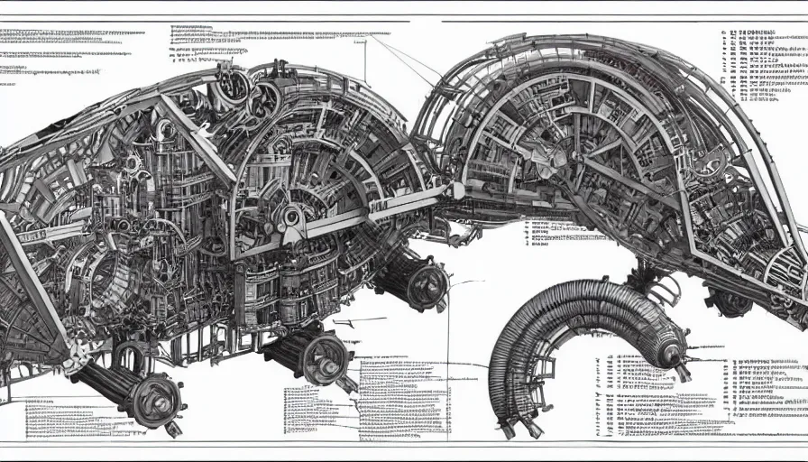 Image similar to a full page of a mechanical blueprint showing a cutaway design for a mechanized brontosaurus from howl's moving castle ( 2 0 0 4 ), with people inside piloting it, muted colors, post grunge, studio ghibli, hq