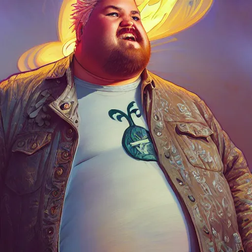 Image similar to Highly detailed portrait of fat Guy Fieri, Stephen Bliss, unreal engine, fantasy art by Greg Rutkowski, Loish, Rhads, ferdinand knab, Makoto Shinkai and Lois van baarle, ilya kuvshinov, rossdraws, Tom Bagshaw, alphonse mucha, global illumination, radiant light, detailed and intricate environment