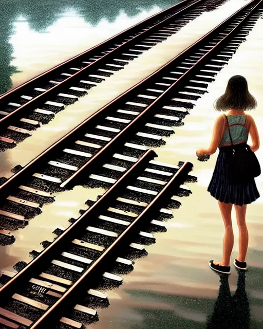 Prompt: shallow reflective water completely covers submerged train tracks as a girl walks along carrying her shoes, there is a train station in the distance and large white clouds on a wide horizon, intricate, elegant, highly detailed, digital photo, artstation, concept art, smooth, sharp focus, illustration, art by artgerm and greg rutkowski and fra angelico