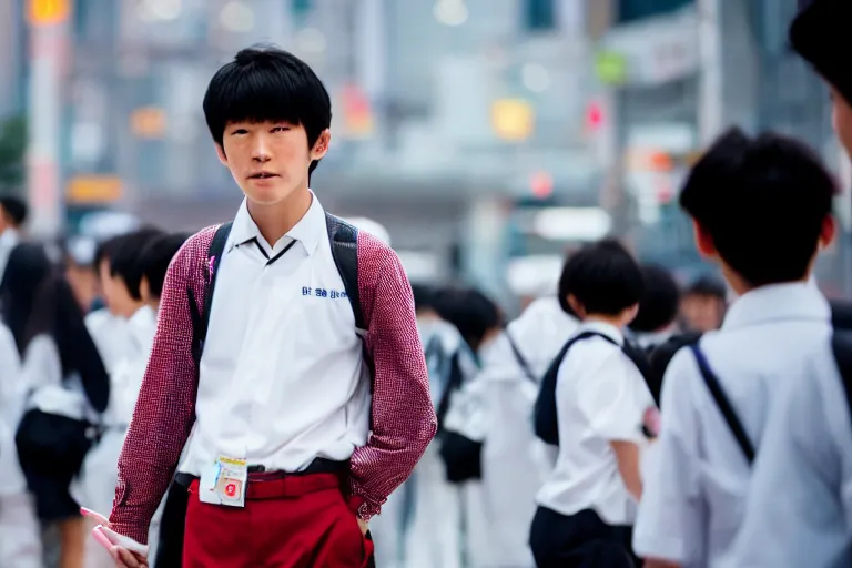 Image similar to close up photo of a japanese middle school boy wearing his school uniform at shibuya crossing, red weapon 8 k s 3 5, cooke anamorphic / i lenses, highly detailed, cinematic lighting