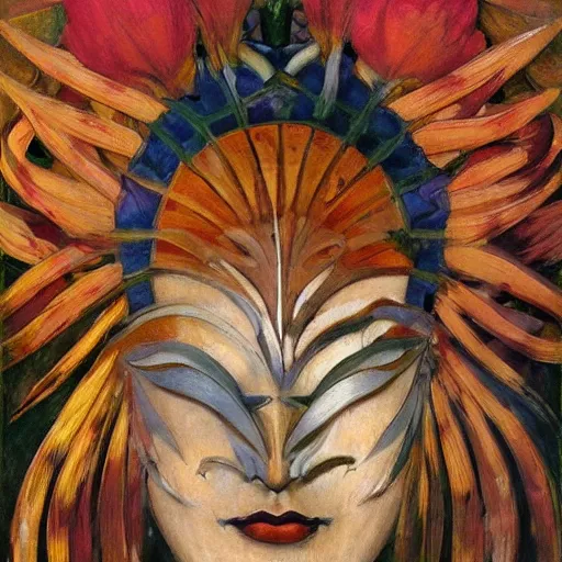 Image similar to masterpiece painting of a facemask made of stylized flowers, by annie swynnerton and jean delville and tino rodriguez and john watkiss and rufino tamayo, flower mask, art deco shaman, symbolist, dramatic lighting, god rays, elaborate geometric ornament, modern realism, clean crisp graphics, soft cool colors, smooth, sharp focus, extremely detailed