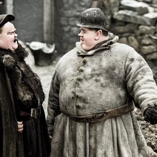 Prompt: oliver hardy and stan laurel in game of thrones