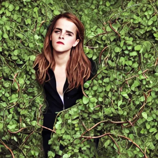 Image similar to angry emma watson entangled and stuck in giant vines