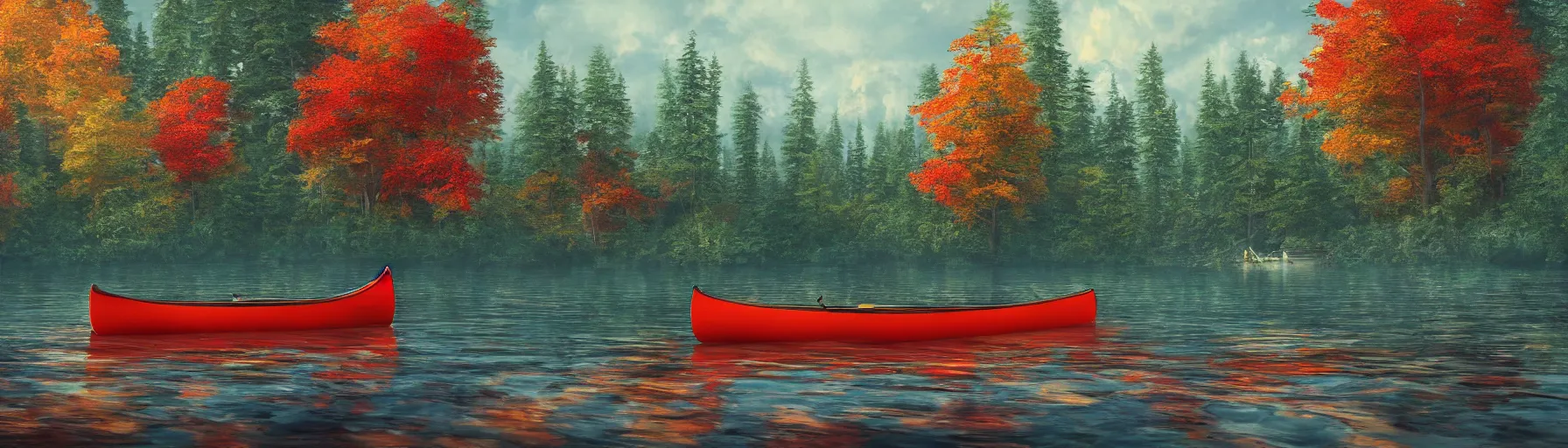 Prompt: canoe on a scenic northern Algonquin lake, vivid colors, high details, cinematic, 8k resolution, beautiful detailed, photorealistic, digital painting, artstation, concept art, smooth, sharp focus, illustration, fantasy background, artstation trending, octane render, unreal engine