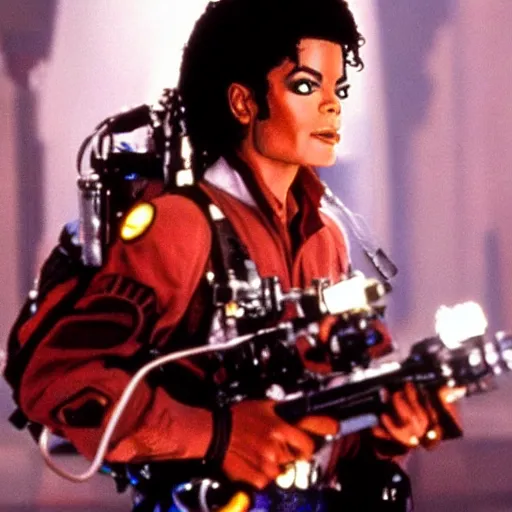 Image similar to stunning awe inspiring michael jackson with a highly detailed face as a ghostbuster in the movie ghostbusters, movie still 8 k hdr atmospheric lighting