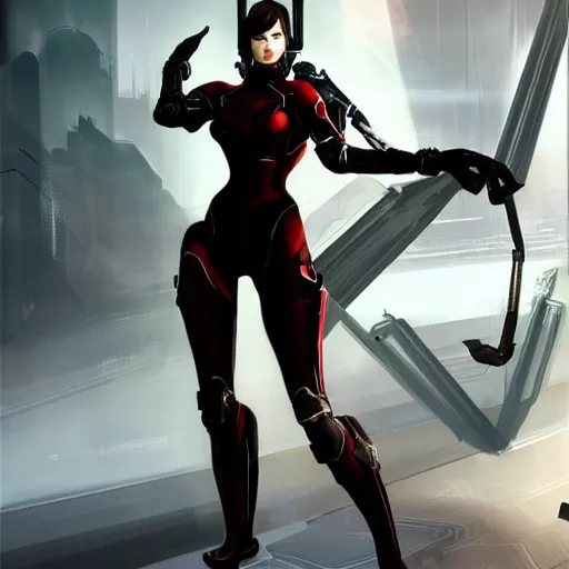 Image similar to A combination of Ada Wong's and Grace Kelly's and Ashley Greene's appearances wearing Warframe armor, high tech, action shot, angular, full body portrait, futuristic, dramatic, fantasy, intricate, elegant, highly detailed, digital painting, artstation, concept art, matte, sharp focus, illustration, 8K, art by Donato Giancola and James Gurney