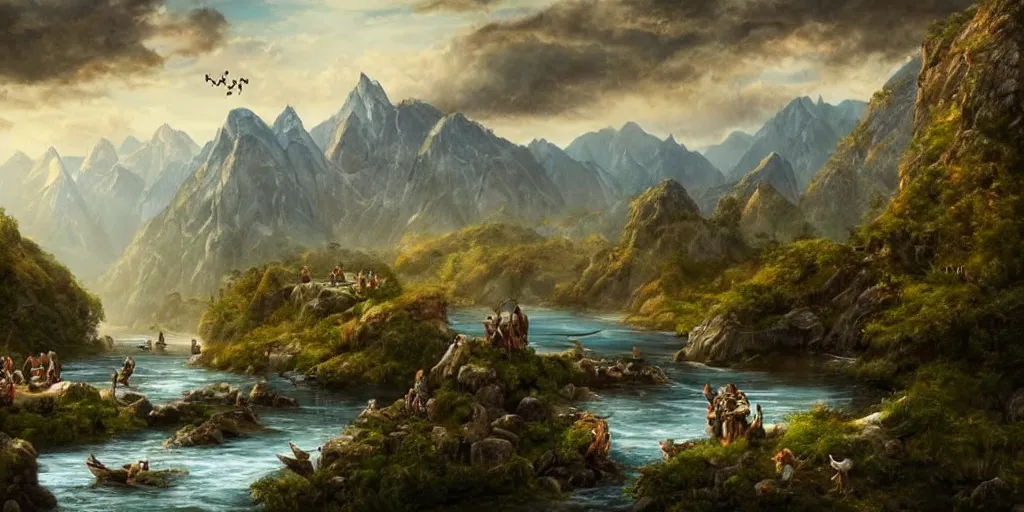 Image similar to A majestic landscape featuring a river, mountains and a forest. A small group of birds is flying in the sky. there is a group of man carrying a boat above their heads. Cinematic, very beautiful, painting in the style of Lord of the rings