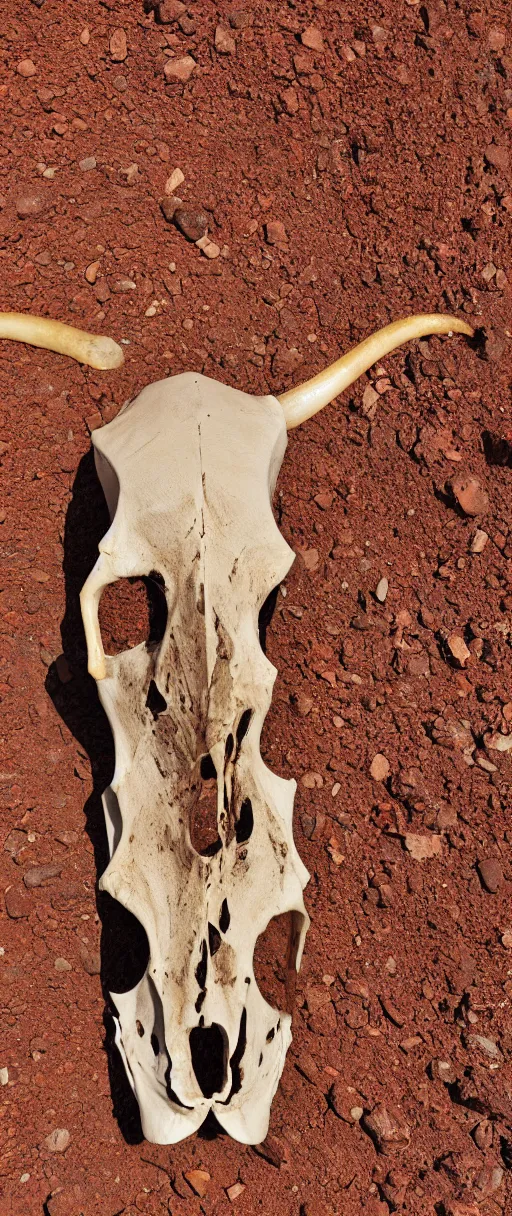 Prompt: a cow skull in the middle of a scolding desert, realistic, 4 k, ultra detail, rocky desert, cow skull, hot, orange soil