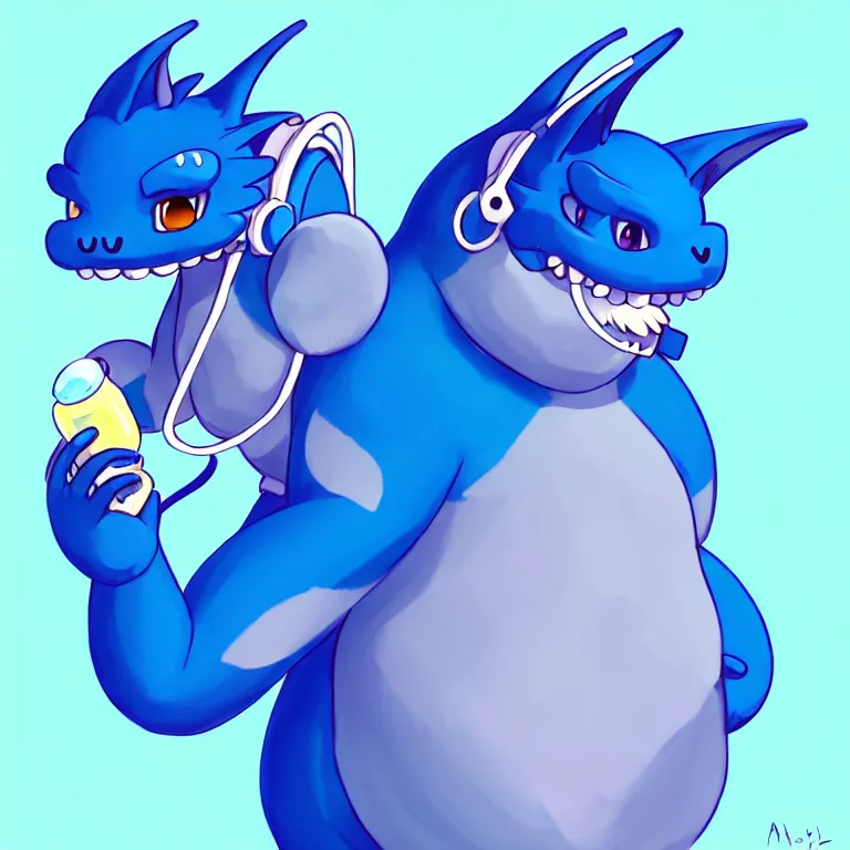 Prompt: a chubby anthropomorphic male blue dragon fursona chewing blue bubble gum, headphones on his head, cute, furry, deviantart, beautiful, soft colors, oil on canvas, soft lighting