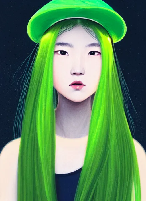 Image similar to portrait of a chinese girl with matte green hair, pixie long straight hair, wearing a light green hat, baseball cap, sophisticated, elegant, glowing lights, highly detailed, digital painting, art stand, concept art, smooth, clear focus, illustration, artwork by wlop, mars ravelo and greg rutkowski