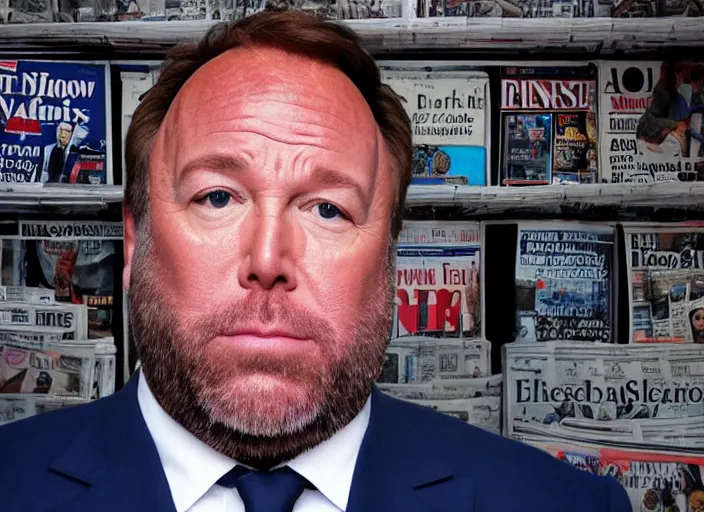 Image similar to dslr photo still of infowars host alex jones in a blue suit fat grey beard and mustache in a!!! room filled to the ceiling with newspapers newspapers to the ceiling newspapers everywhere stacks of newspapers!!!!!! looking at an iphone in shock!!!, 5 2 mm f 1. 8