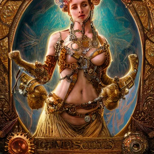 Image similar to A steampunk beautiful goddess, she is wavy, she is embellished with gears wheels and gemstones, by William Holman Hunt, Greg Rutkowski, Stanely Artgerm, Tooth Wu, Peter Gric, Aaron Horkey, trending on Artstation, digital art, mythological, symmetrical artwork, cinematic lighting, hyper realism, high detail, octane render, ultra realistic, golden ratio, 4k, 8k