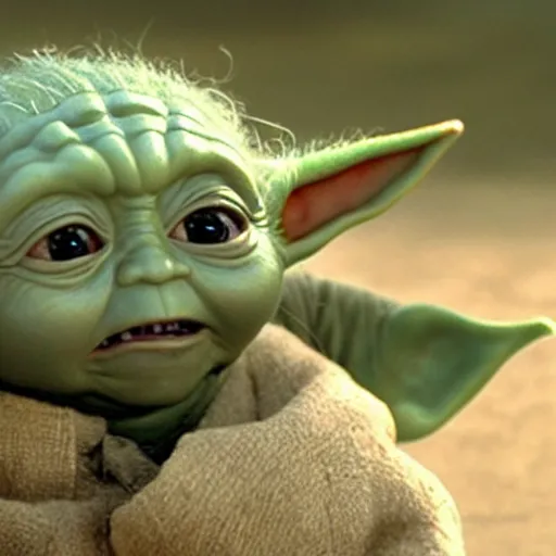 Image similar to a film still of baby yoda grown up and he is dying in battle in star wars realistic, detailed