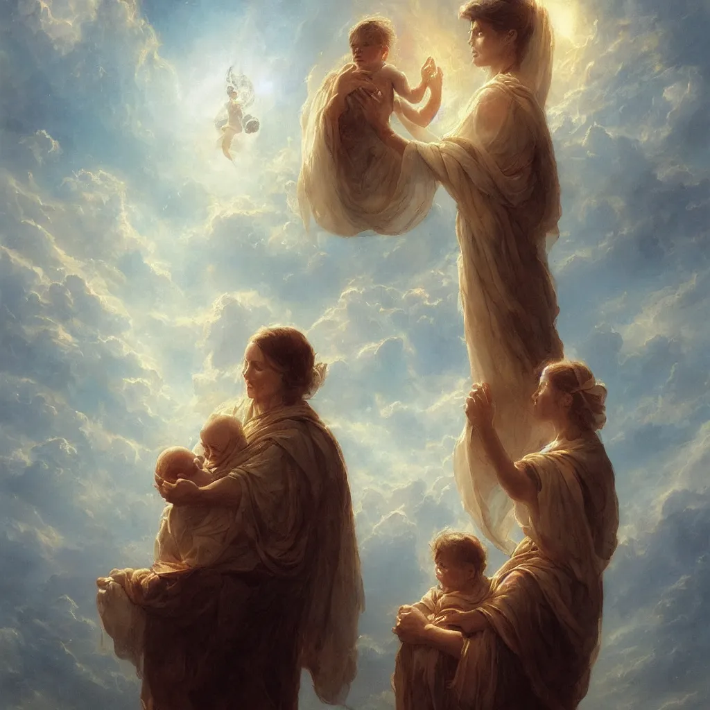 Image similar to a sending down [ of the revelation ] from him who created the earth and the lofty heavens, overdetailed art, mother holding his baby, by greg rutkowski, sharp focus