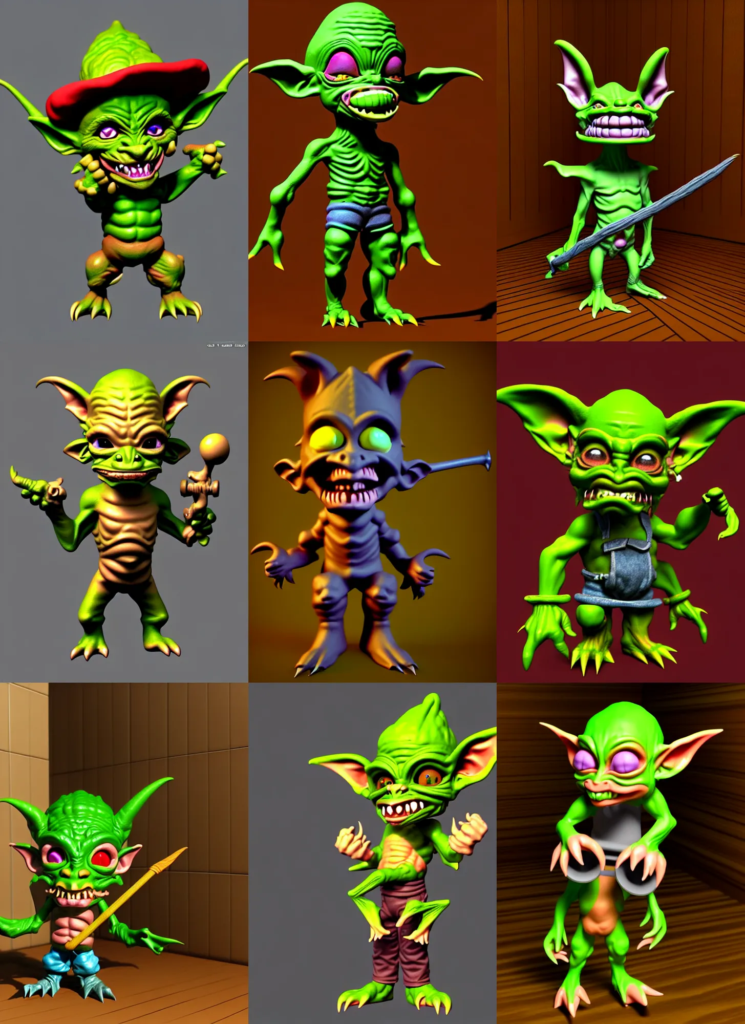 Prompt: 3d render of chibi goblin cowboy by Ichiro Tanida in an small 3d rendered room in the style of 1990's CG graphics 3d rendered y2K aesthetic by Ichiro Tanida, 3DO magazine