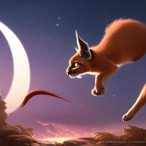 Image similar to Illustration of cute caracal chasing the moon through the sky, league of legends, LOL, fantasy, d&d, digital painting, artstation, concept art, sharp focus, illustration, art by greg rutkowski and alphonse mucha