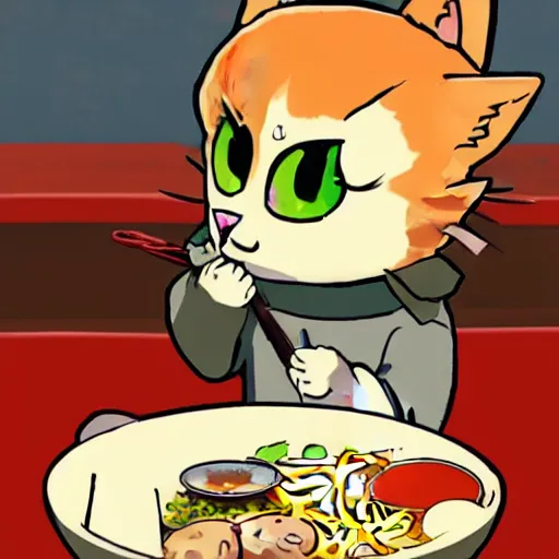 Prompt: Cute kawaii cat eating a bowl of ramen in The Legend of Zelda Breath of the Wild, toon shading npr