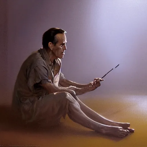 Image similar to a highly detailed epic cinematic concept art CG render digital painting artwork costume design: Henry Fonda as a 1950s tired disillusioned poet, barefoot, smoking a cigarette. volumetric lighting. By Greg Rutkowski, in the style of Francis Bacon and Syd Mead and Norman Rockwell and Beksinski, open ceiling, highly detailed, painted by Francis Bacon and Edward Hopper, painted by James Gilleard, surrealism, airbrush, Ilya Kuvshinov, WLOP, Stanley Artgerm, very coherent, triadic color scheme, realistic facial expression, art by Takato Yamamoto and James Jean