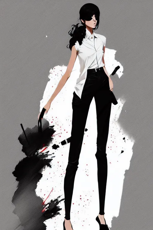 Image similar to a ultradetailed beautiful panting of a stylish woman, she is wearing a white shirt with a tie and black pants, by conrad roset, greg rutkowski and makoto shinkai trending on artstation