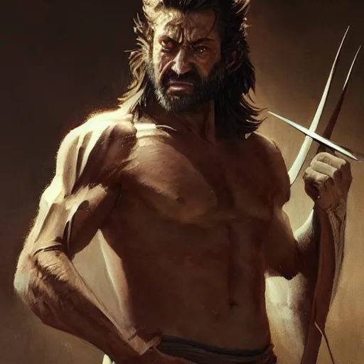 Image similar to Jesus Christ with wolverine clan claws . Highly detailed painting Greg rutkowski. Good clear quality, high detail, octagon render 8k