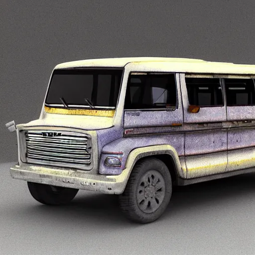 Prompt: Jeepney rendered on blank background, muted tones, high detail 3D rendering, Octane render, raytracing