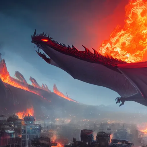 Image similar to dragon flying over a city, fire, lava, smoke, ethereal, matte painting, highly detailed, by eddie mendoza 8 k resolution