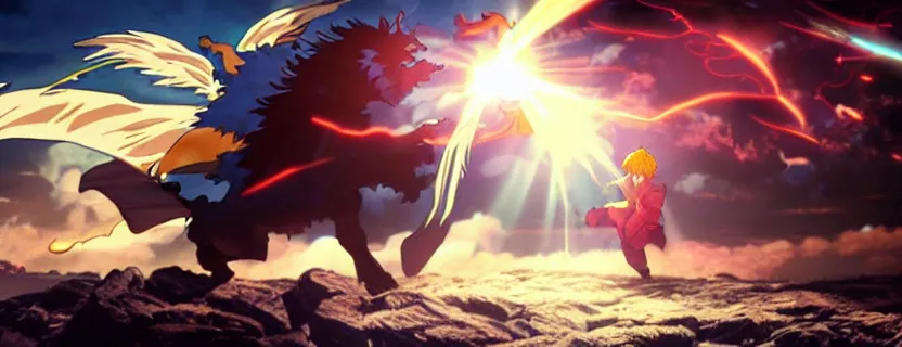 Prompt: jesus!!! christ!!! having an epic anime fight with the devil, ultra detailed, dramatic lighting, anime movie action frame, cinematic composition