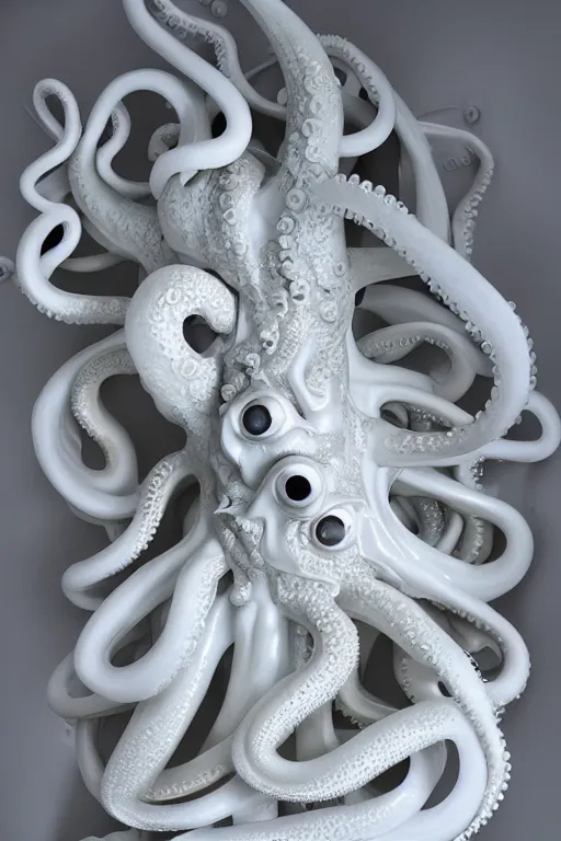 Prompt: full head and shoulders, beautiful porcelain female person, smooth, delicate facial features, white detailed eyes, white lashes, 3 d white shiny thick, large octopus tentacles and eyeballs by daniel arsham and james jean