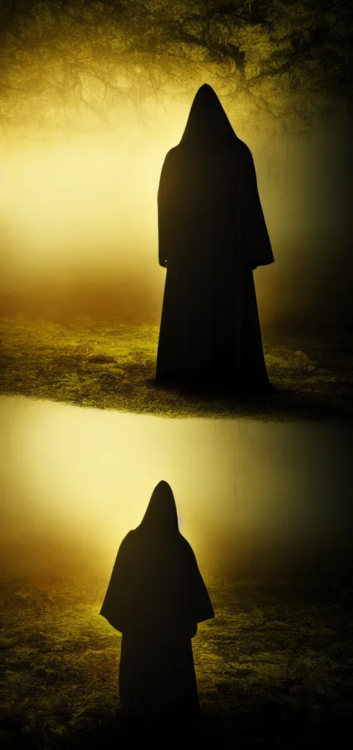 Image similar to photo of mystery figure in a long robe looks into the camera, dark fantasy, cinematic, volumetric lighting, epic composition, high detail, dark fantasy, sunset, swamp