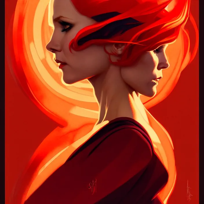 Image similar to style artgerm, joshua middleton, dean cornwell, beautiful kristen bell with dark red dress, very long orange hair, symmetrical face, symmetrical eyes, fire powers fire swirling, detailed, volcano setting, cinematic lighting