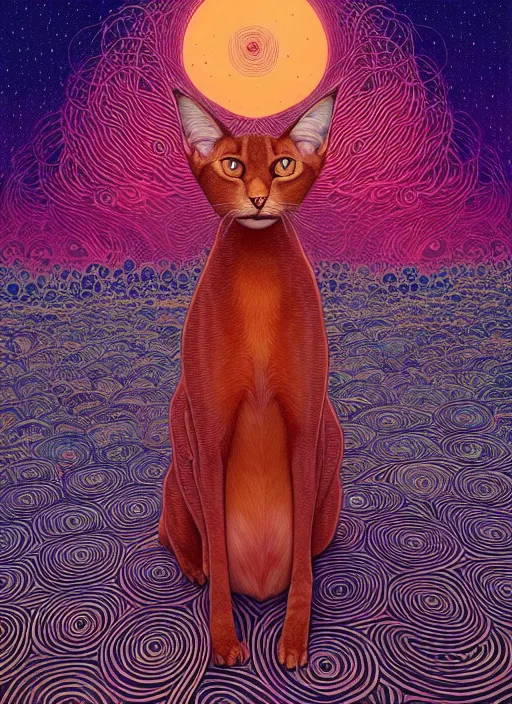 Prompt: prompt! dream symmetry!! stunning portrait of beautiful a abyssinian cat wearing tradition clothes!! by victo ngai, kilian eng vibrant colours, dynamic lighting, digital art, winning award masterpiece, fantastically beautiful, illustration, aesthetically inspired by beksinski and dan mumford, trending on artstation, art by greg rutkowski, 8 k