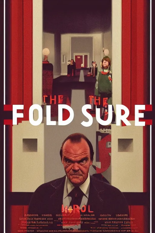 Prompt: a movie poster for the film the shining featuring a large portrait of jack nicholson's face and an axe in the style of the grand budapest hotel.