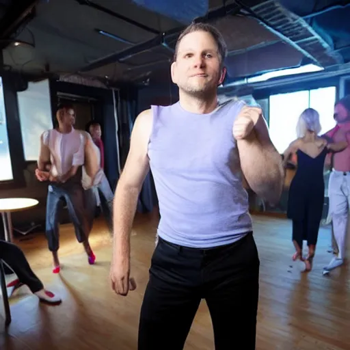 Image similar to photo of a 4 0 year old white man living thinking he's living the best life possible. he looks young for his age. he is at a dance club, it's as if he were in a music video. woman are flocking to him and can be seen dancing around him in a seductive manner.