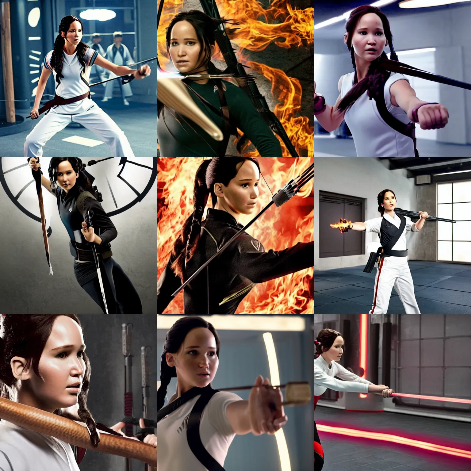 Prompt: official promotional photo of katniss everdeen as a karate expert, in a gym, wearing a white karate gi, action, dynamic, 4 k / 8 k, award - winning, high quality, detailed, intricate
