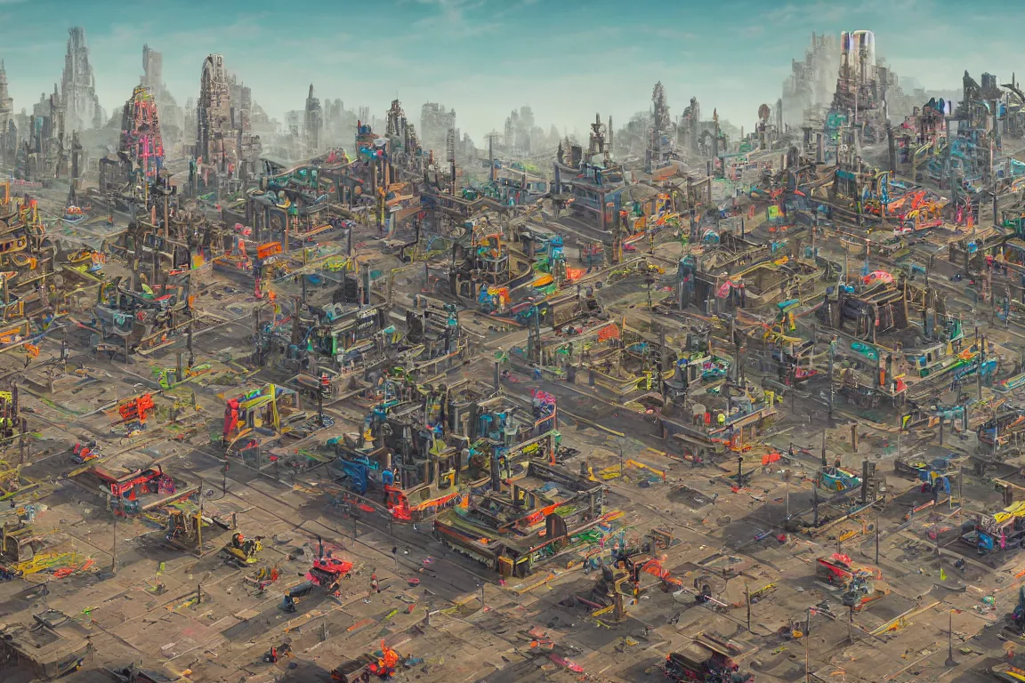 Image similar to hyperrealistic matte painting of aztec temples in a future environment with flying cars, mechanical features and neon, graffiti, scaffolding, smog, destruction by filip hodas, beeple, 4 k, trending on cgsociety