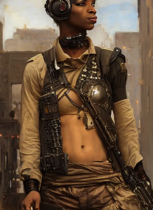 Image similar to Chidi. beautiful cyberpunk mercenary wearing military vest. Iranian orientalist portrait by john william waterhouse and Edwin Longsden Long and Theodore Ralli and Nasreddine Dinet, oil on canvas. Cinematic, hyper realism, dramatic lighting, high detail 4k