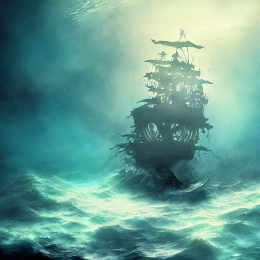 Image similar to ghosts pirate ship underwater by ross tran. movie still, below water