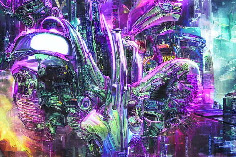 Image similar to complex cyberpunk machine background merged with evil cybernetic goat head in center focus, multicolored digital art