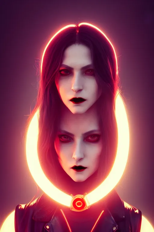 Prompt: 3 / 4 portrait, female vampire of clan lasombra, shadows, night, black eyes, leather jacket, red shirt, in a cyberpunk city, neon signs, gold choker, piercings, artstation, william bouguereau, rossdraws, greg rutkowski, super detailed, realistic, octane render, volumetric, cinematic, 8 k