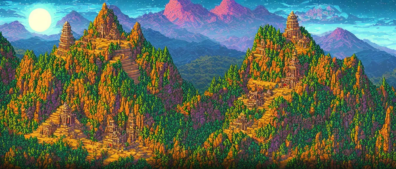 Image similar to mysterious cannabis temple in the mountains, fantasy landrace landscape, extremely detailed, sharp focus, pixelart, wide view, digital illustration, by dan mumford, greg rutowski, johan grenier