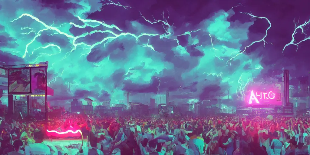 Prompt: Lightning storm while rapper performs on stage, digital art, vapor wave, hip hop, blade runner, trending on Artstation, professional artist, detailed, 4k