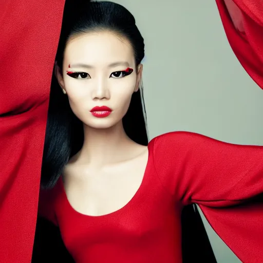 Image similar to vogue fashion model portrait asian woman, black and red, elegant