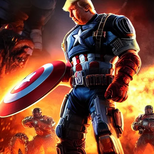 Image similar to Portrait! of President Donald Trump as ((captain america)) in Gears of War, splash art, movie still, cinematic lighting, dramatic, octane render, long lens, shallow depth of field, bokeh, anamorphic lens flare, 8k, hyper detailed, 35mm film grain