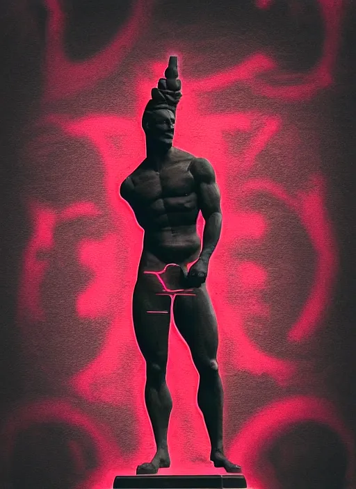 Image similar to black background with subtle red and purple design elements, statue of hercules, nekro, graphic design, collage art, thin lines, dark, glitch art, neo vaporwave, gritty, layout frame, square, trending on artstation