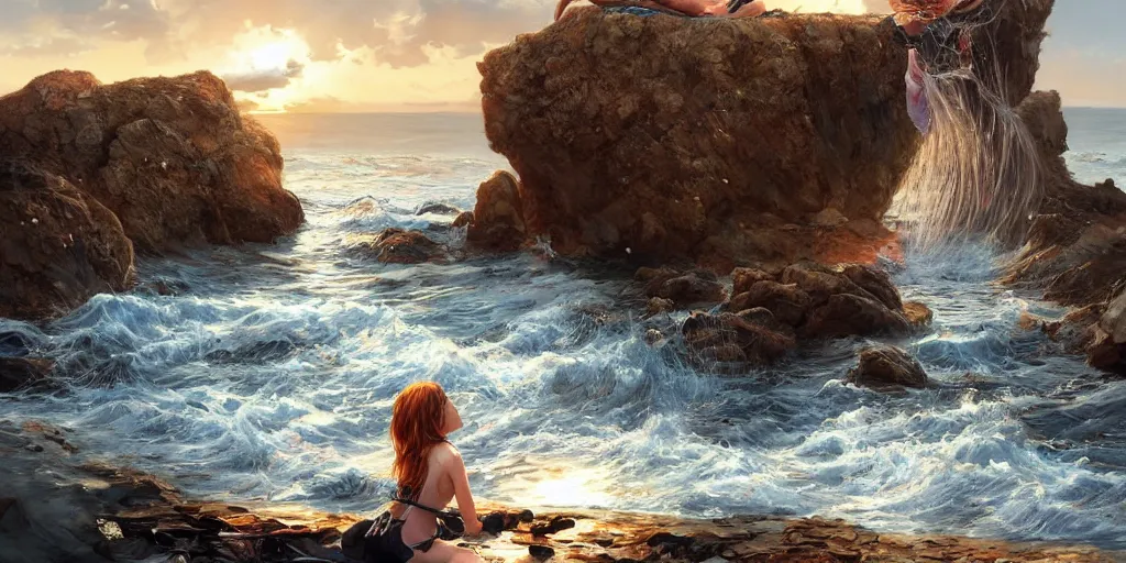 Image similar to ! dream long shot of big sun rough sea and jagged rocks nets, plastic bottles, garbage, sand and sea, with a beautiful girl on the rocks, golden hour, fantasy, hyper realistic, artstation, art by artgerm and sangsoo jeong and john william waterhouse