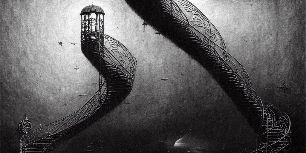 Image similar to big spiral stairways on old ship, inhabited on many levels, flying birds, by beksinski, shining light, strong perspective, clear geometry, architecture, Award winning. Masterpiece, detailed illustration