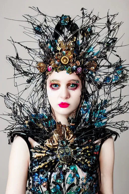 Prompt: ornate cyber avant garde headpiece, spring ritual floral dress, teen girl esoteric fantastical fashion zine